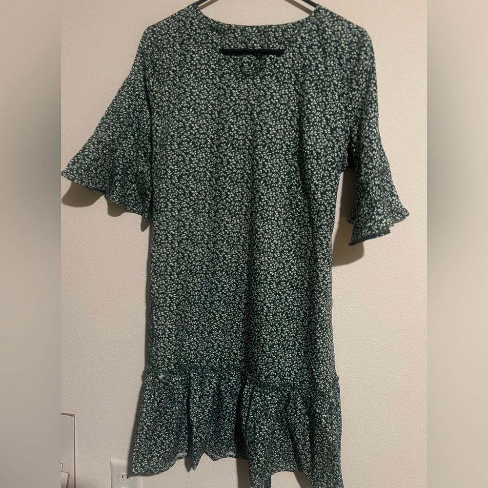 Ranlege Green & White Floral  Print V-Neck Flutter Sleeve A-Line Mini Dress Sz L